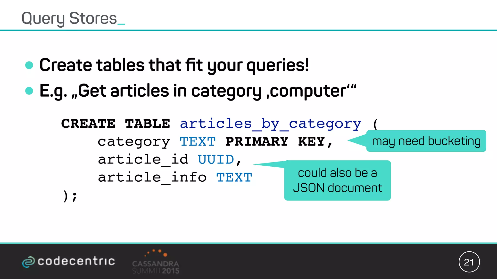 •Create tables that ﬁt your queries!
•E.g. „Get articles in category ‚computer‘“
Query Stores_
21
CREATE TABLE articles_by_category (
category TEXT PRIMARY KEY,
article_id UUID,
article_info TEXT
);
may need bucketing
could also be a
JSON document
 