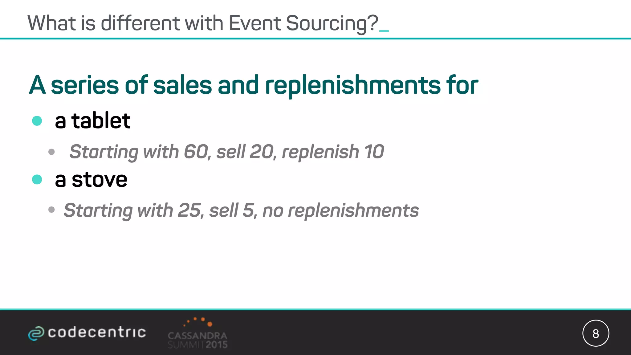 A series of sales and replenishments for
• a tablet
• Starting with 60, sell 20, replenish 10
• a stove
• Starting with 25, sell 5, no replenishments
What is different with Event Sourcing?_
8
 