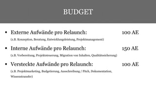 BUDGET 
 Externe Aufwände pro Relaunch: 100 AE 
(z.B. Konzeption, Beratung, Entwicklungsleistung, Projektmanagement) 
 Interne Aufwände pro Relaunch: 150 AE 
(z.B. Vorbereitung, Projektsteuerung, Migration von Inhalten, Qualitätssicherung) 
 Versteckte Aufwände pro Relaunch: 100 AE 
(z.B. Projektmarketing, Budgetierung, Ausschreibung / Pitch, Dokumentation, 
Wissenstransfer) 
 