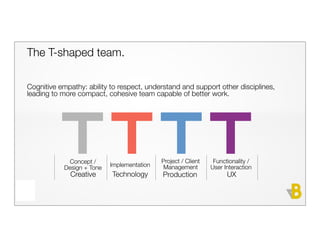 The T-shaped team.

Cognitive empathy: ability to respect, understand and support other disciplines,
leading to more compact, cohesive team capable of better work.




             Concept /                       Project / Client    Functionality /
            Design + Tone   Implementation    Management        User Interaction
              Creative      Technology       Production               UX
 