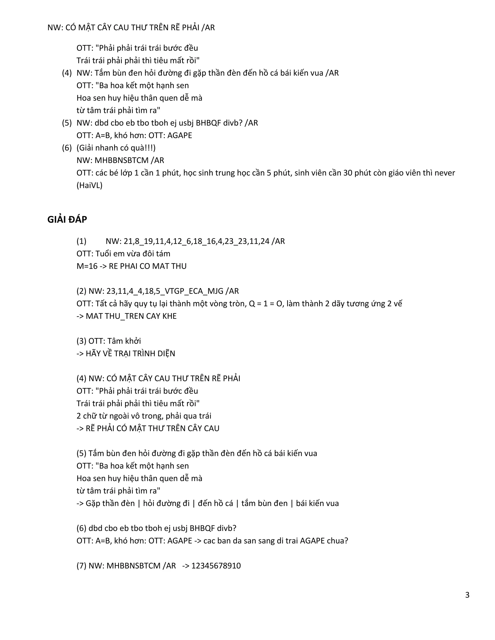 3
NW: CÓ MẬT CÂY CAU THƯ TRÊN RẼ PHẢI /AR
OTT: "Phải phải trái trái bước đều
Trái trái phải phải thì tiêu mất rồi"
(4) NW: Tắm bùn đen hỏi đường đi gặp thần đèn đến hồ cá bái kiến vua /AR
OTT: "Ba hoa kết một hạnh sen
Hoa sen huy hiệu thân quen dễ mà
từ tâm trái phải tìm ra"
(5) NW: dbd cbo eb tbo tboh ej usbj BHBQF divb? /AR
OTT: A=B, khó hơn: OTT: AGAPE
(6) (Giải nhanh có quà!!!)
NW: MHBBNSBTCM /AR
OTT: các bé lớp 1 cần 1 phút, học sinh trung học cần 5 phút, sinh viên cần 30 phút còn giáo viên thì never
(HaiVL)
GIẢI ĐÁP
(1) NW: 21,8_19,11,4,12_6,18_16,4,23_23,11,24 /AR
OTT: Tuổi em vừa đôi tám
M=16 -> RE PHAI CO MAT THU
(2) NW: 23,11,4_4,18,5_VTGP_ECA_MJG /AR
OTT: Tất cả hãy quy tụ lại thành một vòng tròn, Q = 1 = O, làm thành 2 dãy tương ứng 2 vế
-> MAT THU_TREN CAY KHE
(3) OTT: Tâm khởi
-> HÃY VỀ TRẠI TRÌNH DIỆN
(4) NW: CÓ MẬT CÂY CAU THƯ TRÊN RẼ PHẢI
OTT: "Phải phải trái trái bước đều
Trái trái phải phải thì tiêu mất rồi"
2 chữ từ ngoài vô trong, phải qua trái
-> RẼ PHẢI CÓ MẬT THƯ TRÊN CÂY CAU
(5) Tắm bùn đen hỏi đường đi gặp thần đèn đến hồ cá bái kiến vua
OTT: "Ba hoa kết một hạnh sen
Hoa sen huy hiệu thân quen dễ mà
từ tâm trái phải tìm ra"
-> Gặp thần đèn | hỏi đường đi | đến hồ cá | tắm bùn đen | bái kiến vua
(6) dbd cbo eb tbo tboh ej usbj BHBQF divb?
OTT: A=B, khó hơn: OTT: AGAPE -> cac ban da san sang di trai AGAPE chua?
(7) NW: MHBBNSBTCM /AR -> 12345678910
 