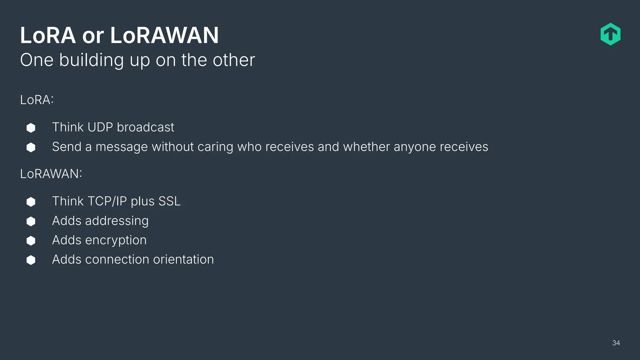 LoRA or LoRAWAN
LoRA
⬢ Think UDP broadcast
⬢ Send a message without caring who receives and whether anyone receives
LoRAWAN
⬢ Think TCP/IP plus SSL
⬢ Adds addressing
⬢ Adds encryption
⬢ Adds connection orientation
One building up on the other
34
 