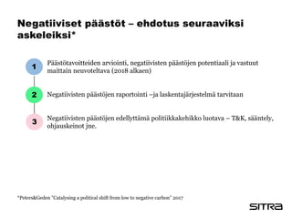 Negatiiviset päästöt – ehdotus seuraaviksi
askeleiksi*
Päästötavoitteiden arviointi, negatiivisten päästöjen potentiaali ja vastuut
maittain neuvoteltava (2018 alkaen)
Negatiivisten päästöjen raportointi –ja laskentajärjestelmä tarvitaan
Negatiivisten päästöjen edellyttämä politiikkakehikko luotava – T&K, sääntely,
ohjauskeinot jne.
1
2
3
*Peters&Geden ”Catalysing a political shift from low to negative carbon” 2017
 