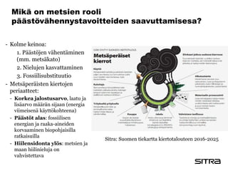 Mikä on metsien rooli
päästövähennystavoitteiden saavuttamisesa?
- Kolme keinoa:
1. Päästöjen vähentäminen
(mm. metsäkato)
2. Nielujen kasvattaminen
3. Fossiilisubstituutio
- Metsäperäisten kiertojen
periaatteet:
- Korkea jalostusarvo, laatu ja
lisäarvo määrän sijaan (energia
viimeisenä käyttökohteena)
- Päästöt alas: fossiilisen
energian ja raaka-aineiden
korvaaminen biopohjaisilla
ratkaisuilla
- Hiilensidonta ylös: metsien ja
maan hiilinieluja on
vahvistettava
Sitra: Suomen tiekartta kiertotalouteen 2016-2025
 