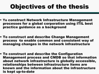 Objectives of the thesis

• To construct Network Infrastructure Management
 processes for a global corporation using ITIL best
 practice guidance as a background

• To construct and describe Change Management
  process ·to enable common and consistent way of
  managing changes in the network infrastructure

• To construct and describe the Configuration
  Management process and CMDB so that information
  about network infrastructure is globally accessible,
  relationships between infrastructure items are
  known and the information about the infrastructure
  is kept up-to-date
 