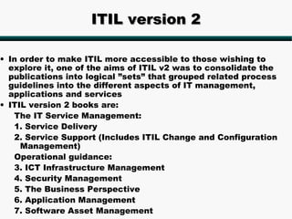 ITIL version 2

• In order to make ITIL more accessible to those wishing to
  explore it, one of the aims of ITIL v2 was to consolidate the
  publications into logical ”sets” that grouped related process
  guidelines into the different aspects of IT management,
  applications and services
• ITIL version 2 books are:
   The IT Service Management:
   1. Service Delivery
   2. Service Support (Includes ITIL Change and Configuration
     Management)
   Operational guidance:
   3. ICT Infrastructure Management
   4. Security Management
   5. The Business Perspective
   6. Application Management
   7. Software Asset Management
 