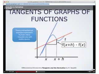 Theory	and	worked	out	
examples	explained	in	
YouTube	videos
- Viewable	also	with	
mobile	devices
 