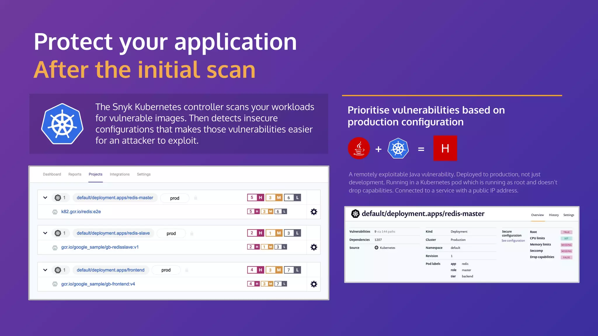 The Snyk Kubernetes controller scans your workloads for vulnerable images. Then detects insecure conﬁgurations that makes those vulnerabilities easier for an attacker to exploit. Prioritise vulnerabilities based on production conﬁguration H A remotely exploitable Java vulnerability. Deployed to production, not just development. Running in a Kubernetes pod which is running as root and doesn’t drop capabilities. Connected to a service with a public IP address. + = Protect your application After the initial scan 