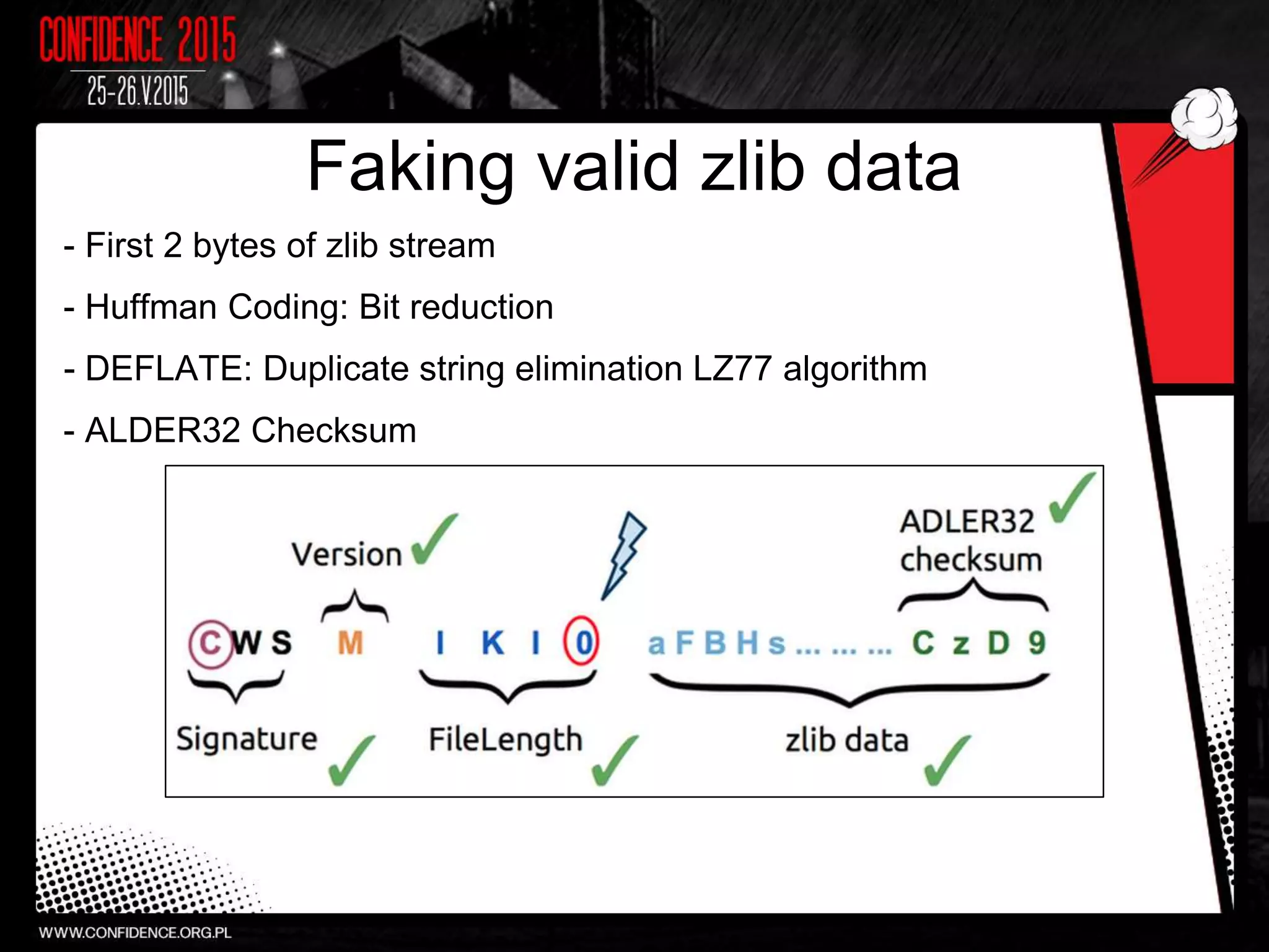 Faking valid zlib data
- First 2 bytes of zlib stream
- Huffman Coding: Bit reduction
- DEFLATE: Duplicate string elimination LZ77 algorithm
- ALDER32 Checksum
23
 