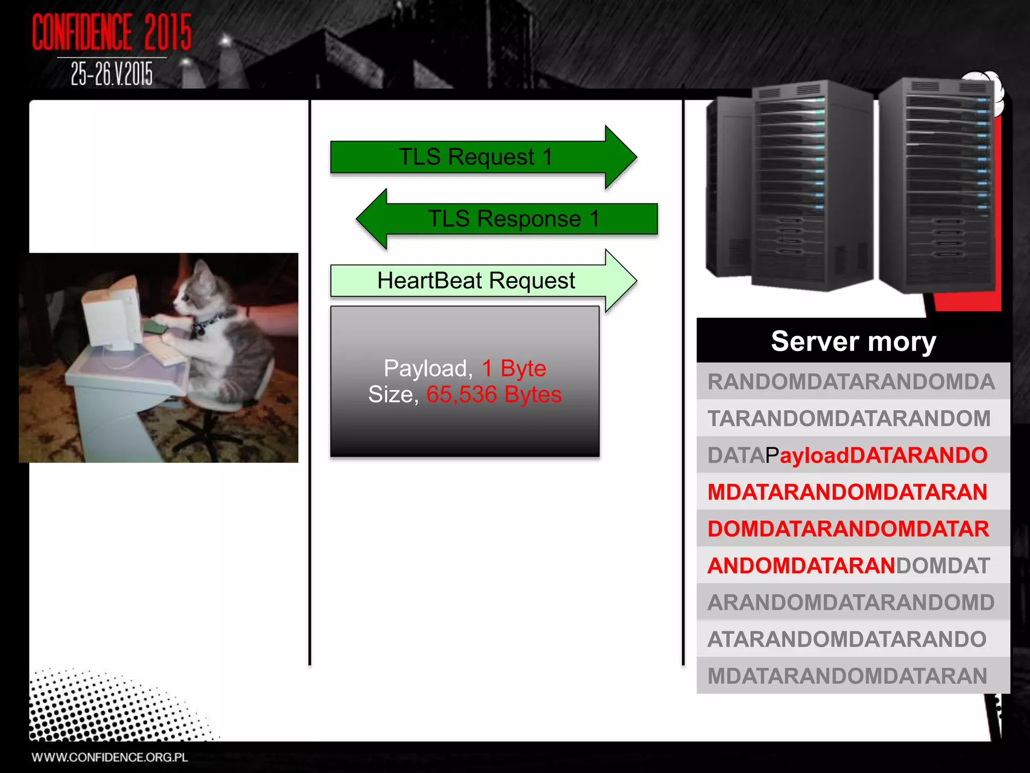 TLS Request 1
TLS Response 1
HeartBeat Request
Payload, 1 Byte
Size, 65,536 Bytes
Server mory
RANDOMDATARANDOMDA
TARANDOMDATARANDOM
DATAPayloadDATARANDO
MDATARANDOMDATARAN
DOMDATARANDOMDATAR
ANDOMDATARANDOMDAT
ARANDOMDATARANDOMD
ATARANDOMDATARANDO
MDATARANDOMDATARAN
 