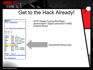 Get to the Hack Already!
- HTTP Header Fuzzing RomPager
- {Authorization: Digest username=‘a’*600}
- Crashes Router
Unprotected String Copy
 