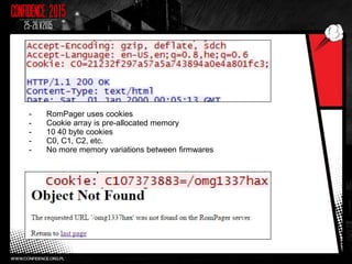 - RomPager uses cookies
- Cookie array is pre-allocated memory
- 10 40 byte cookies
- C0, C1, C2, etc.
- No more memory variations between firmwares
 