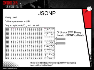 JSONP
Widely Used
Callback parameter in URL
Only accepts [a-zA-Z] _ and . as valid
Photo Credit https://miki.it/blog/2014/7/8/abusing-
jsonp-with-rosetta-flash/
Ordinary SWF Binary
Invalid JSONP callback
 