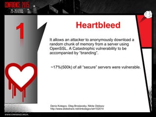 Heartbleed
It allows an attacker to anonymously download a
random chunk of memory from a server using
OpenSSL. A Catastrophic vulnerability to be
accompanied by “branding”.
~17%(500k) of all “secure” servers were vulnerable.
Denis Kolegov, Oleg Broslavsky, Nikita Oleksov
http://www.slideshare.net/dnkolegov/wh102014
 