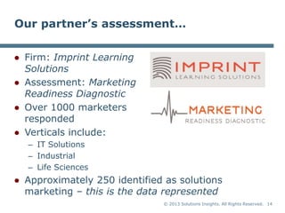 © 2013 Solutions Insights. All Rights Reserved. 14
Our partner’s assessment…
● Firm: Imprint Learning
Solutions
● Assessment: Marketing
Readiness Diagnostic
● Over 1000 marketers
responded
● Verticals include:
– IT Solutions
– Industrial
– Life Sciences
● Approximately 250 identified as solutions
marketing – this is the data represented
 