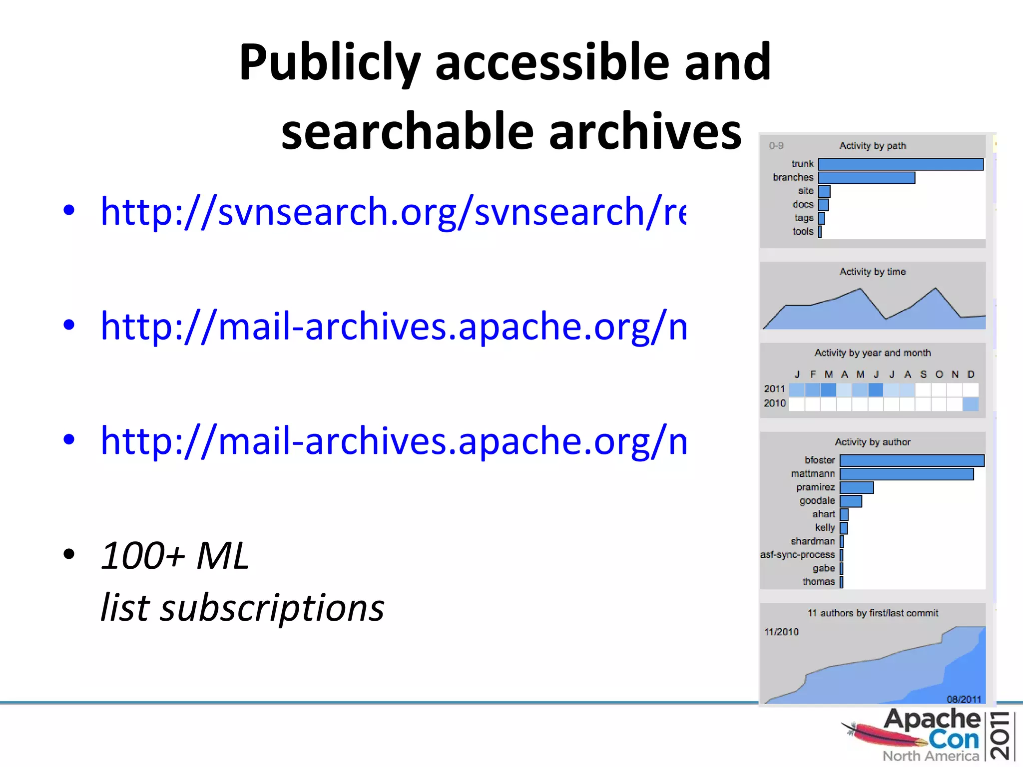 Publicly accessible and  searchable archives http://svnsearch.org/svnsearch/repos/ASF/search?path=%2Foodt   http://mail-archives.apache.org/mod_mbox/oodt-dev/   http://mail-archives.apache.org/mod_mbox/oodt-user/   100+ ML  list subscriptions 