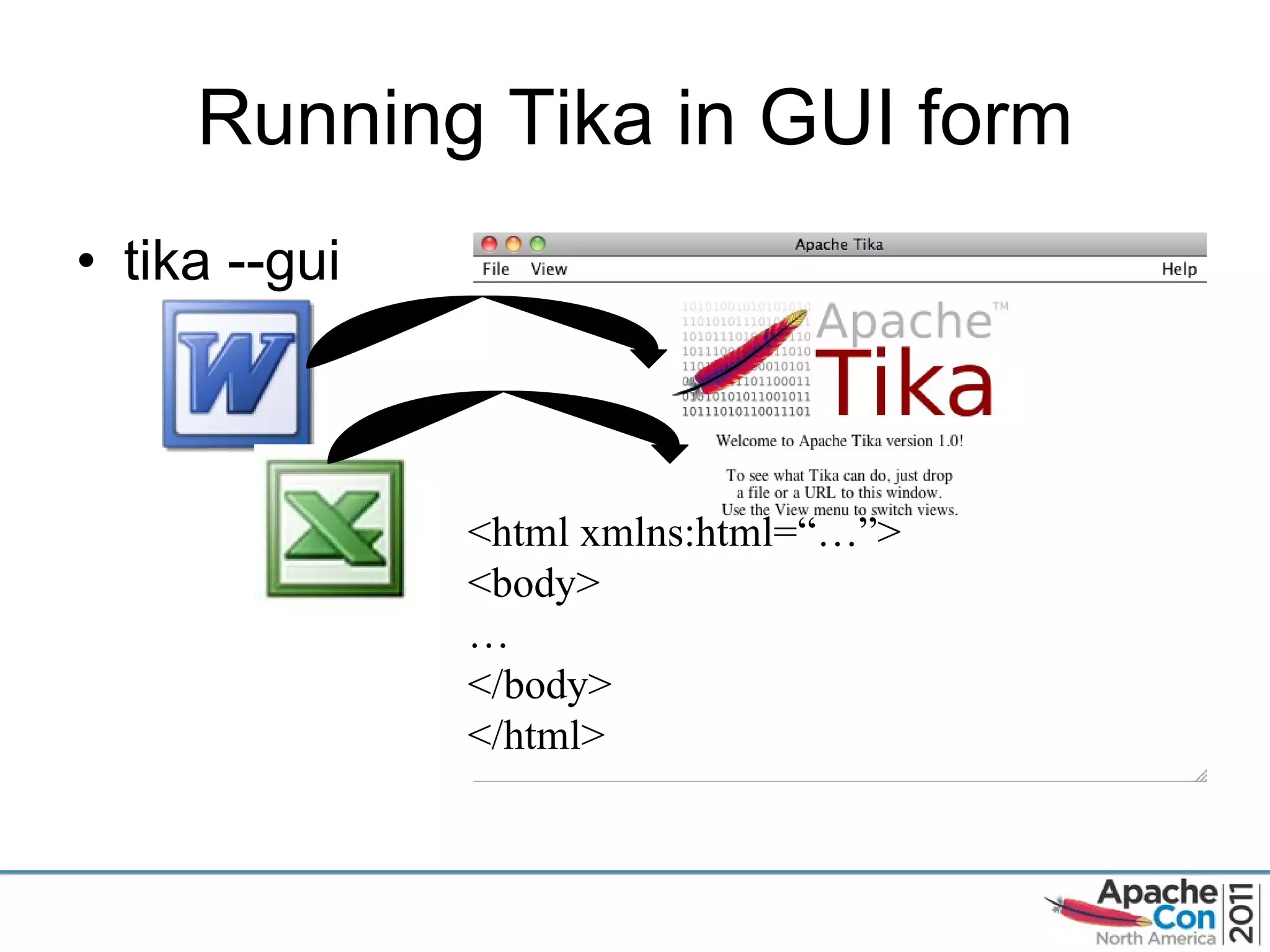 Running Tika in GUI form tika --gui <html xmlns:html= “…”> <body> … </body> </html> 