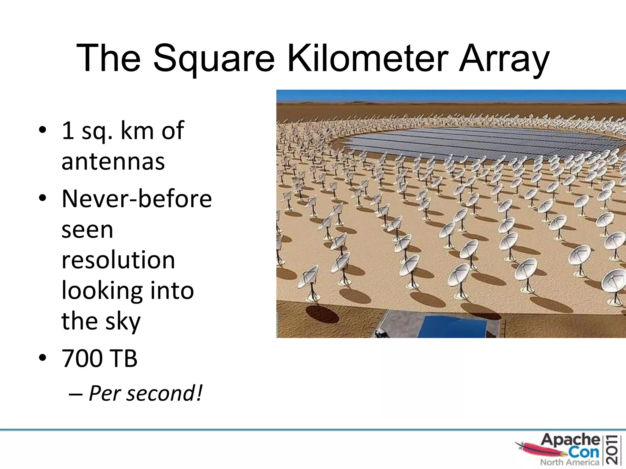 The Square Kilometer Array 1 sq. km of antennas Never-before seen  resolution  looking into the sky 700 TB Per second! 