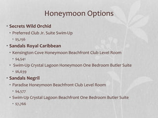 Honeymoon Options
• Secrets Wild Orchid
• Preferred Club Jr. Suite Swim-Up
• $5,156
• Sandals Royal Caribbean
• Kensington Cove Honeymoon Beachfront Club Level Room
• $4,541
• Swim-Up Crystal Lagoon Honeymoon One Bedroom Butler Suite
• $6,639
• Sandals Negril
• Paradise Honeymoon Beachfront Club Level Room
• $4,577
• Swim-Up Crystal Lagoon Beachfront One Bedroom Butler Suite
• $7,766
 