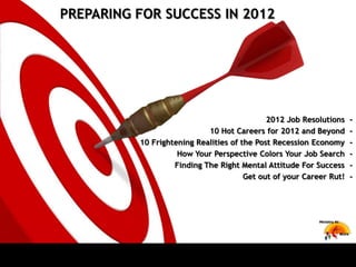 PREPARING FOR SUCCESS IN 2012




                                             2012 Job Resolutions    -
                            10 Hot Careers for 2012 and Beyond       -
          10 Frightening Realities of the Post Recession Economy     -
                    How Your Perspective Colors Your Job Search      -
                   Finding The Right Mental Attitude For Success     -
                                       Get out of your Career Rut!   -
 