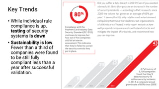 Key Trends
• While individual rule
compliance is up,
testing of security
systems is down
• Sustainability is low.
Fewer than a third of
companies were found
to be still fully
compliant less than a
year after successful
validation.
 