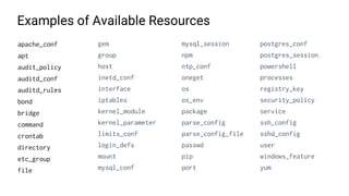 Examples of Available Resources
apache_conf
apt
audit_policy
auditd_conf
auditd_rules
bond
bridge
command
crontab
directory
etc_group
file
gem
group
host
inetd_conf
interface
iptables
kernel_module
kernel_parameter
limits_conf
login_defs
mount
mysql_conf
mysql_session
npm
ntp_conf
oneget
os
os_env
package
parse_config
parse_config_file
passwd
pip
port
postgres_conf
postgres_session
powershell
processes
registry_key
security_policy
service
ssh_config
sshd_config
user
windows_feature
yum
 