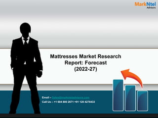 Mattresses Market Research
Report: Forecast
(2022-27)
Email – Sales@marknteladvisors.com
Call Us – +1 604 800 2671 +91 120 4278433
 