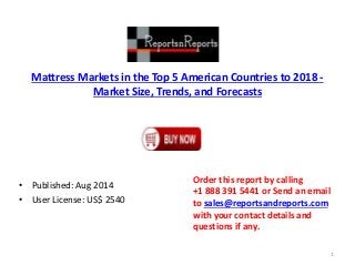 Mattress Markets in the Top 5 American Countries to 2018 -
Market Size, Trends, and Forecasts
• Published: Aug 2014
• User License: US$ 2540
Order this report by calling
+1 888 391 5441 or Send an email
to sales@reportsandreports.com
with your contact details and
questions if any.
1
 