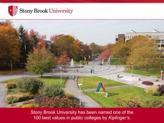 Stony Brook University has been named one of the
 100 best values in public colleges by Kiplinger’s.
 
