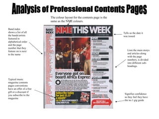 Analysis of Professional Contents Pages The colour layout for the contents page is the same as the NME colours. Tells us the date it was issued Band index shows a list of all the bands/artists featured in alphabetical order and the page number that they feature on is next to the name Typical music magazine contents pages conventions have an offer of a free gift or a discount if you subscribe to the magazine Lists the main storys and articles along with the page numbers, is divided into different sub-headings. Signifies confidence as they feel they have the no.1 gig guide 