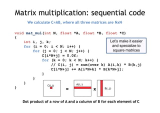 {
We calculate C=AB, where all three matrices are NxN
void mat_mul(int N, float *A, float *B, float *C)
int i, j, k;
for (i = 0; i < N; i++) {
for (j = 0; j < N; j++) {
C[i*N+j] = 0.0f;
for (k = 0; k < N; k++) {
// C(i, j) = sum(over k) A(i,k) * B(k,j)
C[i*N+j] += A[i*N+k] * B[k*N+j];
}
}
}
}
Matrix multiplication: sequential code
= x
A(i,:)
B(:,j)
C(i,j)
Dot product of a row of A and a column of B for each element of C
Let’s make it easier
and specialize to
square matrices
 