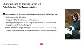 9. All Rights Reserved.28 June 2017© 3M 3M Confidential.
Changing face of tagging in the UK
32 Forces engaged in electronic monitoring programmes in the last two years:
• Priority and Prolific Offenders
• Integrated Offender Management Programmes
• Report good compliance on the programmes and return on investment
through more efficient policing and
• Alcohol Monitoring Programmes (Metropolitan Police, Hertfordshire, Lincolnshire)
• Domestic Violence Paired Proximity Programmes (Cheshire, Northumbria, Herts)
Police Volunteer/Pilot Tagging Initiatives
“”
 