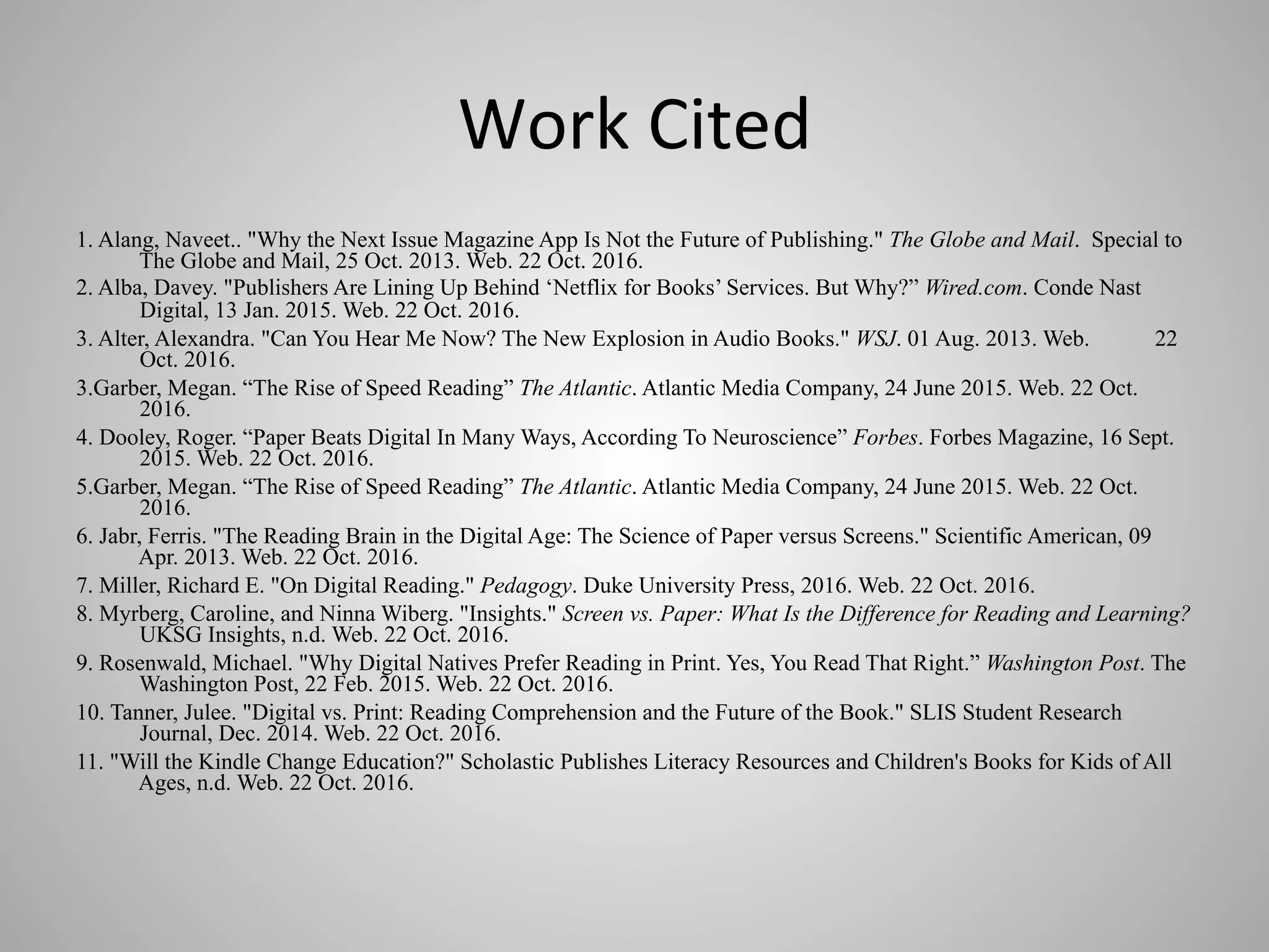 Work	Cited	
1. Alang, Naveet.. "Why the Next Issue Magazine App Is Not the Future of Publishing." The Globe and Mail. Special to
The Globe and Mail, 25 Oct. 2013. Web. 22 Oct. 2016.
2. Alba, Davey. "Publishers Are Lining Up Behind ‘Netflix for Books’ Services. But Why?” Wired.com. Conde Nast
Digital, 13 Jan. 2015. Web. 22 Oct. 2016.
3. Alter, Alexandra. "Can You Hear Me Now? The New Explosion in Audio Books." WSJ. 01 Aug. 2013. Web. 22
Oct. 2016.
3.Garber, Megan. “The Rise of Speed Reading” The Atlantic. Atlantic Media Company, 24 June 2015. Web. 22 Oct.
2016.
4. Dooley, Roger. “Paper Beats Digital In Many Ways, According To Neuroscience” Forbes. Forbes Magazine, 16 Sept.
2015. Web. 22 Oct. 2016.
5.Garber, Megan. “The Rise of Speed Reading” The Atlantic. Atlantic Media Company, 24 June 2015. Web. 22 Oct.
2016.
6. Jabr, Ferris. "The Reading Brain in the Digital Age: The Science of Paper versus Screens." Scientific American, 09
Apr. 2013. Web. 22 Oct. 2016.
7. Miller, Richard E. "On Digital Reading." Pedagogy. Duke University Press, 2016. Web. 22 Oct. 2016.
8. Myrberg, Caroline, and Ninna Wiberg. "Insights." Screen vs. Paper: What Is the Difference for Reading and Learning?
UKSG Insights, n.d. Web. 22 Oct. 2016.
9. Rosenwald, Michael. "Why Digital Natives Prefer Reading in Print. Yes, You Read That Right.” Washington Post. The
Washington Post, 22 Feb. 2015. Web. 22 Oct. 2016.
10. Tanner, Julee. "Digital vs. Print: Reading Comprehension and the Future of the Book." SLIS Student Research
Journal, Dec. 2014. Web. 22 Oct. 2016.
11. "Will the Kindle Change Education?" Scholastic Publishes Literacy Resources and Children's Books for Kids of All
Ages, n.d. Web. 22 Oct. 2016.
	
 
