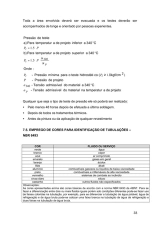 33
Toda a área envolvida deverá ser evacuada e os testes deverão ser
acompanhados de longe e orientado por pessoas experientes.
projetodeatemperaturnamaterialdoadmissívelTensão-
C340amaterialdoadmissívelTensão-
projetodePressão-
0kgf/cm(cohidrostátitesteoparamínimaPressão-
:Onde
C340asuperiorprojetodeatemperaturParab)
C340ainferiorprojetodeatemperaturParaa)
testedePressão
2
p
tt
p
t
t
σ
σ
P
PP
PP
PP
°
≥
⋅⋅=
°
⋅=
°
340
340
).1
5.1
5.1
σ
σ
Qualquer que seja o tipo de teste de pressão ele só poderá ser realizado:
• Pelo menos 48 horas depois de efetuada a última soldagem.
• Depois de todos os tratamentos térmicos.
• Antes da pintura ou da aplicação de qualquer revestimento
7.5. EMPREGO DE CORES PARA IDENTIFICAÇÃO DE TUBULAÇÕES –
NBR 6493
COR FLUIDO OU SERVIÇO
verde água
branco vapor
azul ar comprimido
amarelo gases em geral
laranja ácidos
lilás álcali
alumínio combustíveis gasosos ou líquidos de baixa viscosidade
preto combustíveis e inflamáveis de alta viscosidade
vermelho sistemas de combate ao incêndio
cinza claro vácuo
castanho outros fluidos não especificados
Observações:
As cores apresentadas acima são cores básicas de acordo com a norma NBR 6493 da ABNT. Para se
fazer a diferenciação entre dois ou mais fluidos iguais porém sob condições diferentes pode-se fazer uso
de faixas coloridas na tubulação, por exemplo, para se diferenciar a tubulação de água potável, água de
refrigeração e de água bruta pode-se colocar uma faixa branca na tubulação de água de refrigeração e
duas faixas na tubulação de água bruta.
 
