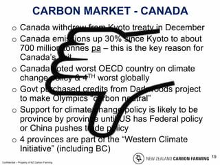 CARBON MARKET - CANADA
o Canada withdrew from Kyoto treaty in December
o Canada emissions up 30% since Kyoto to about
700 million tonnes pa – this is the key reason for
Canada’s exit
o Canada voted worst OECD country on climate
change policy & 4TH worst globally
o Govt purchased credits from Darkwoods project
to make Olympics “carbon neutral”
o Support for climate change policy is likely to be
province by province until US has Federal policy
or China pushes trade policy
o 4 provinces are part of the “Western Climate
Initiative” (including BC)
Confidential – Property of NZ Carbon Farming
19
 