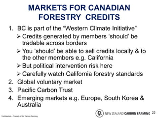 MARKETS FOR CANADIAN
FORESTRY CREDITS
1. BC is part of the “Western Climate Initiative”
 Credits generated by members ‘should’ be
tradable across borders
 You ‘should’ be able to sell credits locally & to
the other members e.g. California
 But political intervention risk here
 Carefully watch California forestry standards
2. Global voluntary market
3. Pacific Carbon Trust
4. Emerging markets e.g. Europe, South Korea &
Australia
Confidential – Property of NZ Carbon Farming
22
 
