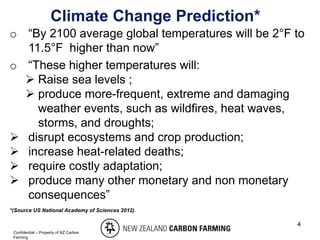 4
Climate Change Prediction*
o “By 2100 average global temperatures will be 2°F to
11.5°F higher than now”
o “These higher temperatures will:
 Raise sea levels ;
 produce more-frequent, extreme and damaging
weather events, such as wildfires, heat waves,
storms, and droughts;
 disrupt ecosystems and crop production;
 increase heat-related deaths;
 require costly adaptation;
 produce many other monetary and non monetary
consequences”
*(Source US National Academy of Sciences 2012).
Confidential – Property of NZ Carbon
Farming
 