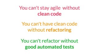 You can't have clean code
without refactoring
You can't refactor without
good automated tests
You can't stay agile without
clean code
 
