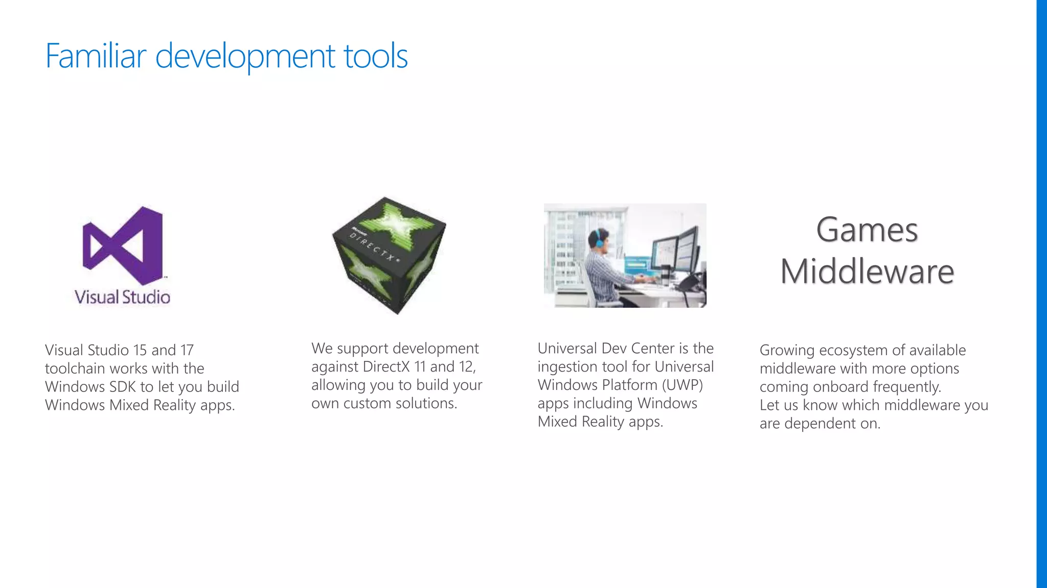 Games
Middleware
Familiar development tools
 