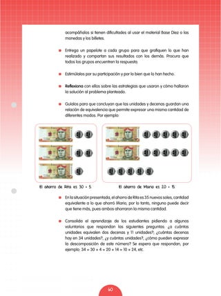 60
acompáñalos si tienen dificultades al usar el material Base Diez o las
monedas y los billetes.
	 Entrega un papelote a cada grupo para que grafiquen lo que han
realizado y compartan sus resultados con los demás. Procura que
todos los grupos encuentren la respuesta.
	 Estimúlalos por su participación y por lo bien que lo han hecho.
	 Reflexiona con ellos sobre las estrategias que usaron y cómo hallaron
la solución al problema planteado.
	 Guíalos para que concluyan que las unidades y decenas guardan una
relación de equivalencia que permite expresar una misma cantidad de
diferentes modos. Por ejemplo:
	 En la situación presentada, el ahorro de Rita es 35 nuevos soles, cantidad
equivalente a lo que ahorró Mario, por lo tanto, ninguno puede decir
que tiene más, pues ambos ahorraron la misma cantidad.
	 Consolida el aprendizaje de los estudiantes pidiendo a algunos
voluntarios que respondan las siguientes preguntas: ¿a cuántas
unidades equivalen dos decenas y 11 unidades?; ¿cuántas decenas
hay en 34 unidades?, ¿y cuántas unidades?, ¿cómo pueden expresar
la descomposición de este número? Se espera que respondan, por
ejemplo: 34 = 30 + 4 = 20 + 14 = 10 + 24, etc.
El ahorro de Mario es 20 + 15.El ahorro de Rita es 30 + 5.
 