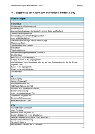 Demokratisierung der Kantonsschule Glarus                                     Anhang



VII. Ergebnisse der Aktion zum International Student’s Day

Forderungen

Schulhaus
Kaffeemaschine/Kaffeeautomat
Raucherecken
Lounge/Aufenthaltsraum für SchülerInnen (mit Sofas und Tischen)
Sofas in der Eingangshalle
Bessere/bequemere/mehr Sitzgelegenheit
mehr und früher heizen
Schulhausrenovierung & Neues Farbkonzept
Musik in der Kanti
Schule länger offen bleiben
Billardtisch
Teppichreinigung
bequem/heimelig eingerichtetes Schulhaus
Dachterrasse
kein Schnupf und Rauchverbot
Selecta-Automat in der Eingangshalle
ein Briefkasten beim Sekretariat oder so, wo man Anregungen etc. für die Schule
abgeben kann
Essen in der Eigangshalle
Essen im ganzen Schulhaus
Absatzverbot

WC
Schönere WC
bessere Frauen WC
Besser beleuchtete WC
OB Plastik-Tüten in den WC
saubere, nicht immer verstopfte WC
bessere WC Spülung
mehr Handtücher bei den WC
Abfalleimer auf jedem WC
Besseres Hahnenwasser
keine klemmenden Türen

EDV
neuere/bessere Computer
mehr Computer
Microsoft Word auf jedem PC
bessere Bildschirme in den Glasräumen
neue/aktuelle Betriebssysteme (Vista, Windows /)
bessere W-LAN Verbindung
W-LAN Einführung
Musik hören & Chatten am PC erlauben
                                                                                       V
 