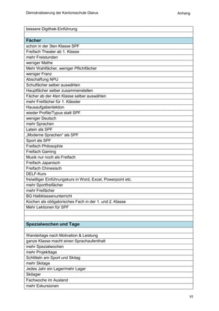 Demokratisierung der Kantonsschule Glarus                      Anhang



bessere Digithek-Einführung

Fächer
schon in der 3ten Klasse SPF
Freifach Theater ab 1. Klasse
mehr Freistunden
weniger Mathe
Mehr Wahlfächer, weniger Pflichtfächer
weniger Franz
Abschaffung NPU
Schulfächer selber auswählen
Hauptfächer selber zusammenstellen
Fächer ab der 4ten Klasse selber auswählen
mehr Freifächer für 1. Klässler
Hausaufgabenlektion
wieder Profile/Typus statt SPF
weniger Deutsch
mehr Sprachen
Latein als SPF
„Moderne Sprachen“ als SPF
Sport als SPF
Freifach Philosophie
Freifach Gaming
Musik nur noch als Freifach
Freifach Japanisch
Freifach Chinesisch
DELF-Kurs
freiwilliger Einführungskurs in Word, Excel, Powerpoint etc.
mehr Sportfreifächer
mehr Freifächer
BG Halbklassenunterricht
Kochen als obligatorisches Fach in der 1. und 2. Klasse
Mehr Lektionen für SPF



Spezialwochen und Tage

Wandertage nach Motivation & Leistung
ganze Klasse macht einen Sprachaufenthalt
mehr Spezialwochen
mehr Projekttage
Schlitteln am Sport und Skitag
mehr Skitage
Jedes Jahr ein Lager/mehr Lager
Skilager
Fachwoche im Ausland
mehr Exkursionen

                                                                    VI
 