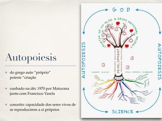 01
Autopoiesis
✤ do grego auto “próprio” 
poiesis “criação!
✤ cunhado na déc 1970 por Maturana
junto com Francisco Varela!
✤ conceito: capacidade dos seres vivos de
se reproduzirem a si próprios
 