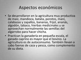 Aspectos económicos
• Se desarrollaron en la agricultura muy productiva
de maíz, mandioca, batata, porotos, maní,
calabazas y zapallos, bananas, frijol, ananás,
algodón, tabaco, hierbas medicinales y se
aprovechan normalmente las semillas del
algarrobo para hacer chicha.
• Practican la ganadería en pequeña escala, el
ganado caprino es mayor que el bovino. La
agricultura es de autoconsumo. También llevan a
cabo faenas de caza y pesca, como complemento
de su dieta.
 