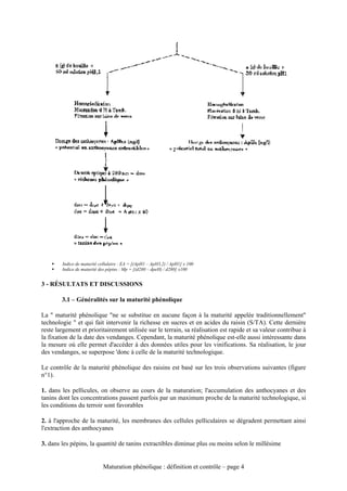 Indice de maturité cellulaire : EA = [(ApH1 – ApH3,2) / ApH1] x 100
        Indice de maturité des pépins : Mp = [(d280 – dpeH) / d280] x100


3 - RÉSULTATS ET DISCUSSIONS

        3.1 – Généralités sur la maturité phénolique

La " maturité phénolique "ne se substitue en aucune façon à la maturité appelée traditionnellement"
technologie " et qui fait intervenir la richesse en sucres et en acides du raisin (S/TA). Cette dernière
reste largement et prioritairement utilisée sur le terrain, sa réalisation est rapide et sa valeur contribue à
la fixation de la date des vendanges. Cependant, la maturité phénolique est-elle aussi intéressante dans
la mesure où elle permet d'accéder à des données utiles pour les vinifications. Sa réalisation, le jour
des vendanges, se superpose 'donc à celle de la maturité technologique.

Le contrôle de la maturité phénolique des raisins est basé sur les trois observations suivantes (figure
n°1).

1. dans les pellicules, on observe au cours de la maturation; l'accumulation des anthocyanes et des
tanins dont les concentrations passent parfois par un maximum proche de la maturité technologique, si
les conditions du terroir sont favorables

2. à l'approche de la maturité, les membranes des cellules pelliculaires se dégradent permettant ainsi
l'extraction des anthocyanes

3. dans les pépins, la quantité de tanins extractibles diminue plus ou moins selon le millésime


                            Maturation phénolique : définition et contrôle – page 4
 