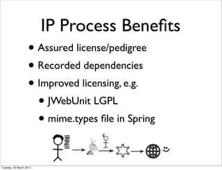 IP Process Beneﬁts
                   • Assured license/pedigree
                   • Recorded dependencies
                   • Improved licensing, e.g.
                     • JWebUnit LGPL
                     • mime.types ﬁle in Spring

Tuesday, 22 March 2011
 