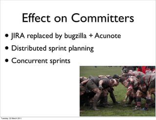 Effect on Committers
   • JIRA replaced by bugzilla + Acunote
   • Distributed sprint planning
   • Concurrent sprints



Tuesday, 22 March 2011
 