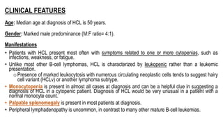 CLINICAL FEATURES
Age: Median age at diagnosis of HCL is 50 years.
Gender: Marked male predominance (M:F ratio= 4:1).
Manifestations
• Patients with HCL present most often with symptoms related to one or more cytopenias, such as
infections, weakness, or fatigue.
• Unlike most other B-cell lymphomas, HCL is characterized by leukopenic rather than a leukemic
presentation.
o Presence of marked leukocytosis with numerous circulating neoplastic cells tends to suggest hairy
cell variant (HCLv) or another lymphoma subtype.
• Monocytopenia is present in almost all cases at diagnosis and can be a helpful clue in suggesting a
diagnosis of HCL in a cytopenic patient. Diagnosis of HCL would be very unusual in a patient with a
normal monocyte count.
• Palpable splenomegaly is present in most patients at diagnosis.
• Peripheral lymphadenopathy is uncommon, in contrast to many other mature B-cell leukemias.
 