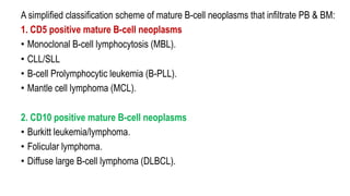 A simplified classification scheme of mature B-cell neoplasms that infiltrate PB & BM:
1. CD5 positive mature B-cell neoplasms
• Monoclonal B-cell lymphocytosis (MBL).
• CLL/SLL
• B-cell Prolymphocytic leukemia (B-PLL).
• Mantle cell lymphoma (MCL).
2. CD10 positive mature B-cell neoplasms
• Burkitt leukemia/lymphoma.
• Folicular lymphoma.
• Diffuse large B-cell lymphoma (DLBCL).
 
